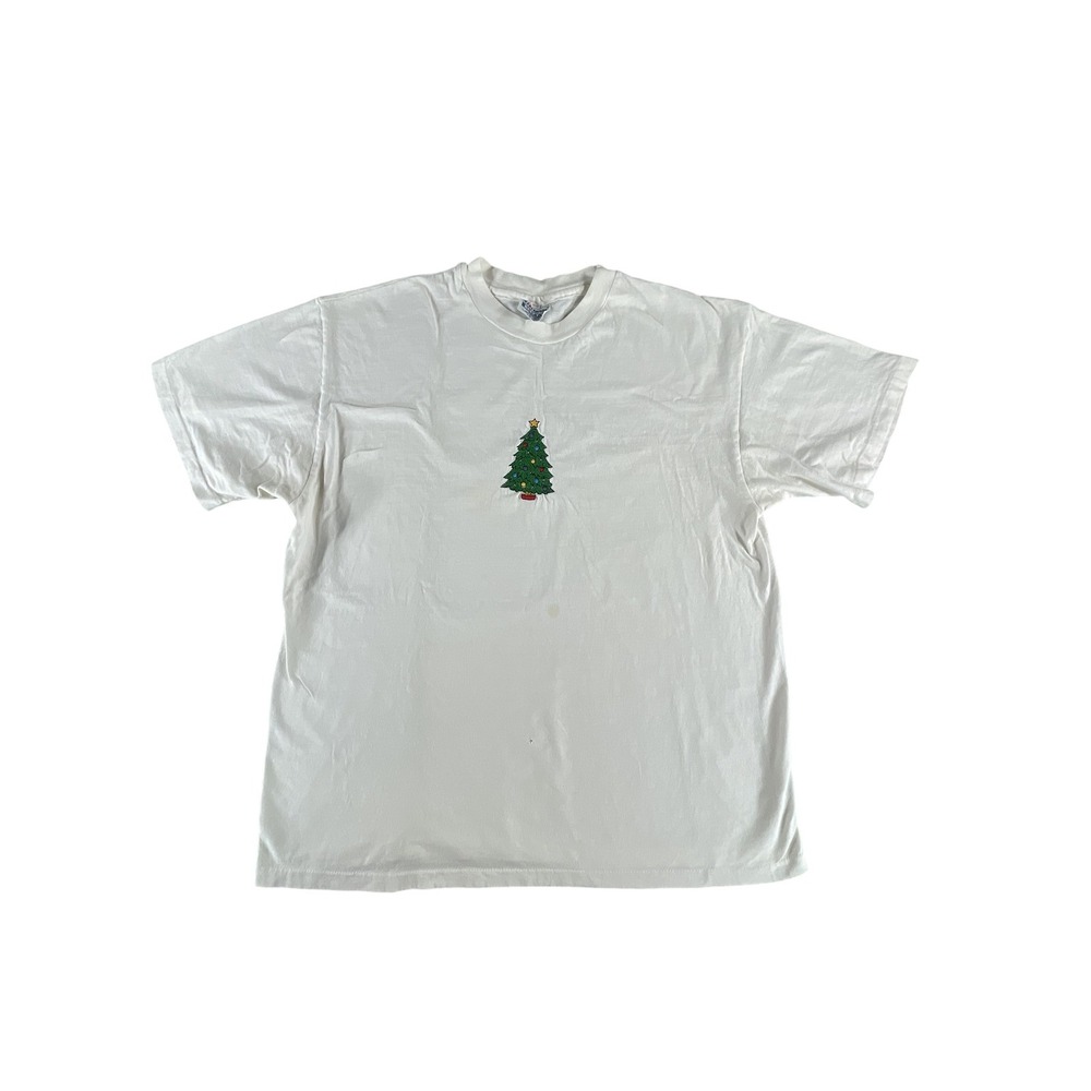 Vintage Hanes Shirt Mens Large White Christmas Tree Graphic Holiday 90s USA Made